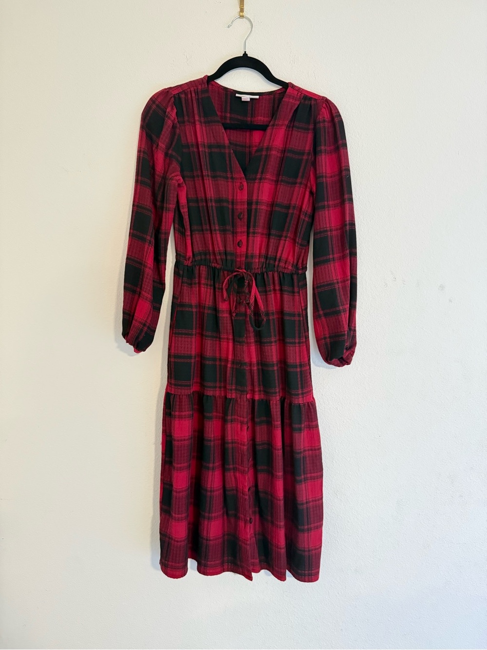 Knox Rose Red and Black Plaid Long-Sleeve Tiered Drawstring Dress